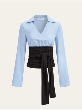 Commense Light Blue V-Neck Blouse with Black Wrap Waistband